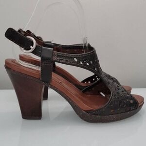 Naya Sandals Heel Pumps Size 7.5 Alpine Slingback Black Leather Tooled Laser Cut
